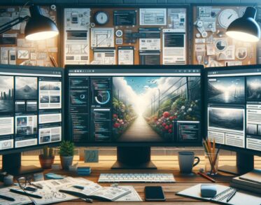 Designer's workspace with multiple screens displaying web pages with parallax scrolling effects
