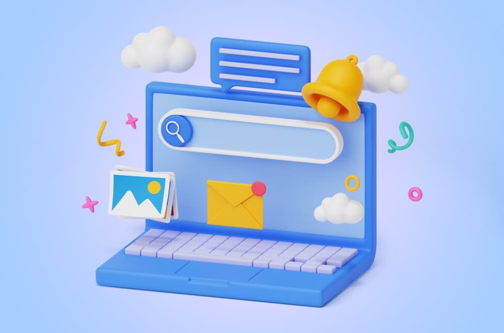 A stylized laptop with a search bar and email icons in a 3D design