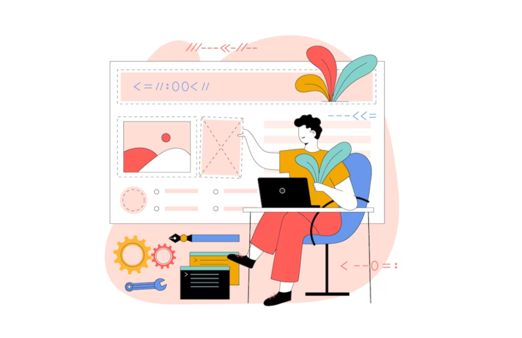 Illustration of a person working on a laptop with abstract design elements