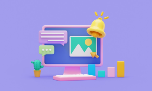 A colorful desktop with notification icons and a cactus, in a playful 3D style